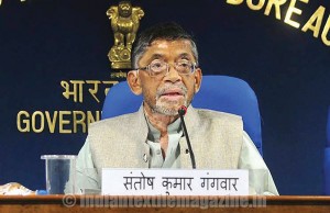 MoS Textiles (I/C), Parliamentary Affairs, Water Resources, River Development and Ganga Rejuvenation Santosh Kumar Gangwar during a press conference in New Delhi, on Sept. 29, 2014. Also seen Textiles Secretary S.K. Panda and Director General (M&C), Press